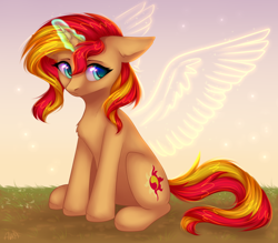 Size: 2400x2100 | Tagged: safe, artist:avrameow, character:sunset shimmer, species:pony, species:unicorn, angel, artificial wings, augmented, cute, cutie mark, female, glowing horn, horn, looking at you, magic, magic wings, mare, shimmerbetes, sitting, solo, wings