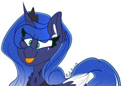 Size: 2193x1522 | Tagged: safe, artist:cottonponysfm, artist:tiz4905, artist:tizhonolulu, character:princess luna, species:alicorn, species:pony, chest fluff, colored wings, colored wingtips, female, freckles, mare, silly, silly pony, simple background, smiling, solo, tongue out, white background