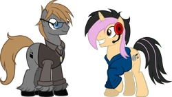 Size: 2000x1125 | Tagged: safe, artist:theeditormlp, oc, oc only, oc:blitz, oc:the editor, species:earth pony, species:pony, species:unicorn, clothing, glasses, headphones, hoodie, male, simple background, stallion, sweater vest, transparent background, vector
