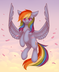 Size: 2050x2500 | Tagged: safe, artist:avrameow, character:rainbow dash, species:pegasus, species:pony, cloud, female, flying, mare, rose petals, solo
