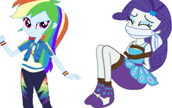 Size: 825x517 | Tagged: safe, artist:brightstar40k, base used, character:rainbow dash, character:rarity, my little pony:equestria girls, bondage, bound and gagged, cloth gag, eyes closed, female, gag, rope, rope bondage, tied up