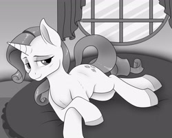 Size: 3361x2685 | Tagged: safe, artist:anadukune, character:rarity, species:pony, species:unicorn, bed, female, grayscale, lidded eyes, looking at you, mare, monochrome, sketch, solo, window
