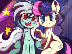 Size: 1700x1268 | Tagged: safe, artist:jxst-starly, character:bon bon, character:lyra heartstrings, character:sweetie drops, species:pony, ship:lyrabon, blushing, cute, female, floating heart, heart, lesbian, lyrabetes, photo booth, scene interpretation, shipping, sitting, smiling