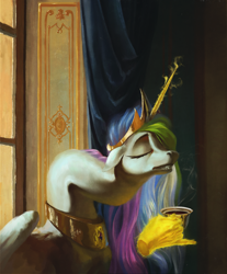 Size: 1700x2050 | Tagged: safe, artist:bra1neater, character:princess celestia, species:alicorn, species:pony, are you frustrated?, coffee, crown, female, fine art emulation, hand, jewelry, long neck, magic, magic hands, mare, meme, morning ponies, necc, pinky out, princess necklestia, regalia, solo, vile, wat