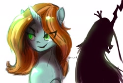 Size: 2039x1377 | Tagged: safe, artist:oberon826, character:crackle cosette, character:queen chrysalis, species:changeling, species:pony, species:unicorn, crown, disguise, disguised changeling, duality, evil, eye clipping through hair, female, jewelry, mare, regalia, solo