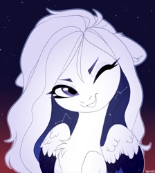 Size: 916x1024 | Tagged: safe, artist:vensual99, rcf community, oc, species:pegasus, species:pony, bust, ethereal mane, female, galaxy mane, mare, night, one eye closed, pegasus oc, solo, wink