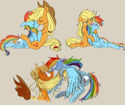 Size: 1260x1056 | Tagged: safe, artist:nota_mano, character:applejack, character:rainbow dash, species:earth pony, species:pegasus, species:pony, ship:appledash, applejack's hat, blushing, clothing, cowboy hat, female, flying, hat, hug, kissing, lesbian, mare, shipping, tan background