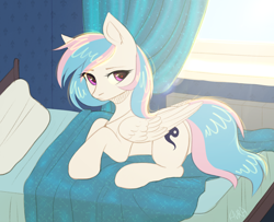 Size: 2000x1625 | Tagged: safe, artist:avrameow, oc, oc only, oc:starburn, species:pegasus, species:pony, bed, female, heart eyes, mare, on bed, prone, solo, wingding eyes