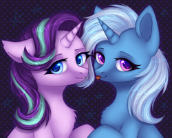 Size: 2246x1810 | Tagged: safe, artist:avrameow, character:starlight glimmer, character:trixie, species:pony, species:unicorn, blep, chest fluff, duo, female, floppy ears, heart eyes, lidded eyes, looking at you, mare, smiling, tongue out, wingding eyes