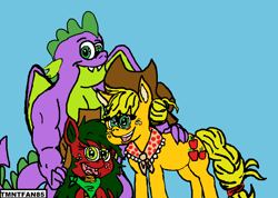 Size: 904x642 | Tagged: safe, artist:tmntfan85, character:applejack, character:spike, oc, oc:apple scorch, parent:applejack, parent:spike, parents:applespike, species:dracony, species:dragon, ship:applespike, blue background, family, female, hybrid, interspecies offspring, male, offspring, older, older applejack, older spike, shipping, simple background, straight, winged spike