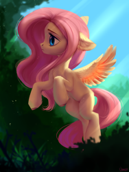 Size: 1500x2000 | Tagged: safe, artist:vensual99, rcf community, character:fluttershy, species:pegasus, species:pony, colored eyebrows, colored hooves, crepuscular rays, cute, ear fluff, eyebrows, female, floppy ears, flying, leg fluff, mare, profile, shyabetes, solo, spread wings, tree, wings