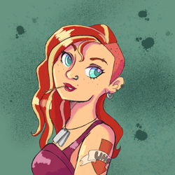 Size: 2048x2048 | Tagged: safe, artist:pettypop, character:sunset shimmer, my little pony:equestria girls, alternate hairstyle, dog tags, ear piercing, earring, freckles, jewelry, nose piercing, nose ring, piercing, tattoo, undercut