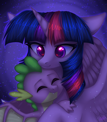 Size: 1587x1812 | Tagged: safe, artist:avrameow, character:spike, character:twilight sparkle, character:twilight sparkle (alicorn), species:alicorn, species:dragon, species:pony, cute, eyes closed, female, heart eyes, hug, male, mare, smiling, spikabetes, spikelove, wingding eyes, winged spike, wings