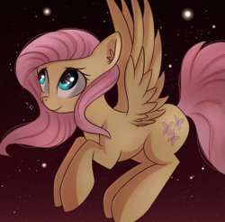 Size: 1395x1375 | Tagged: safe, artist:autumnvoyage, character:fluttershy, species:pegasus, species:pony, eye reflection, female, looking away, looking up, mare, night, reflection, smiling, solo, spread wings, stargazing, stars, wings
