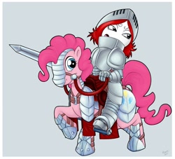 Size: 1122x1021 | Tagged: safe, artist:r perils, character:pinkie pie, species:earth pony, species:pony, armor, bridle, crossover, duo, female, gray background, humans riding ponies, mare, plate armor, raised hoof, reins, riding, ruby gloom, saddle, simple background, sword, weapon