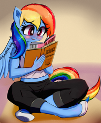 Size: 1600x1954 | Tagged: safe, artist:mistleinn, character:rainbow dash, species:anthro, blushing, book, female, playboy, playpony, reading, science, solo