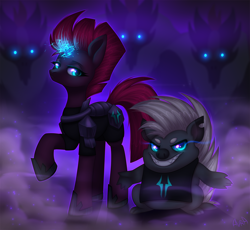 Size: 2500x2300 | Tagged: safe, artist:avrameow, character:grubber, character:tempest shadow, species:pony, species:unicorn, my little pony: the movie (2017), armor, broken horn, duo, eye scar, female, glowing eyes, glowing horn, grin, hoof shoes, horn, looking at you, magic, mare, raised hoof, scar, smiling, sombra eyes, sparking horn, storm guard