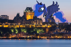 Size: 2941x1930 | Tagged: safe, artist:dashiesparkle, artist:theotterpony, character:princess luna, species:alicorn, species:pony, city, collage, female, highrise ponies, macro, mare, quebec, solo, story in the source, story included