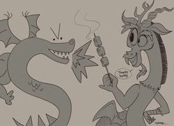 Size: 3300x2400 | Tagged: safe, artist:taytinabelle, derpibooru original, character:discord, species:draconequus, species:dragon, crossover, dialogue, food, homestar runner, marshmallow, monochrome, simple background, smiling, trogdor