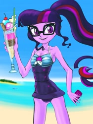 Size: 759x1011 | Tagged: safe, artist:xjleiu, character:twilight sparkle, character:twilight sparkle (scitwi), species:eqg human, g4, my little pony: equestria girls, my little pony:equestria girls, armpits, attached skirt, beach, blue swimsuit, cellphone, clothing, female, food, glasses, ice cream, looking at you, one-piece swimsuit, phone, ponytail, smartphone, smiling, solo, striped swimsuit, swimsuit, tricolor swimsuit