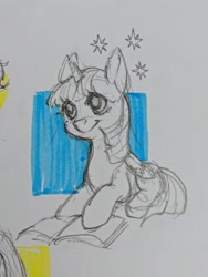 Size: 3024x4032 | Tagged: safe, artist:taytinabelle, derpibooru original, character:twilight sparkle, character:twilight sparkle (alicorn), species:alicorn, species:pony, book, cute, female, mare, pencil drawing, simple background, sketch, smiling, sparkles, traditional art, twiabetes
