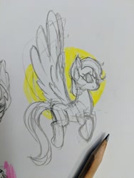 Size: 1512x2016 | Tagged: safe, artist:taytinabelle, derpibooru original, species:pegasus, species:pony, big wings, female, flying, generic pony, mare, pencil drawing, simple background, solo focus, spread wings, traditional art, wings