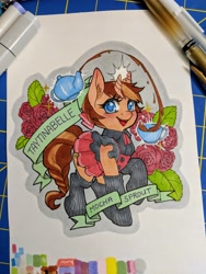 Size: 3024x4032 | Tagged: safe, artist:taytinabelle, oc, oc only, oc:mocha sprout, species:pony, species:unicorn, apron, badge, blue eyes, braid, braided tail, clothing, colored, con badge, copic, cute, female, happy, magic, mare, marker drawing, miniskirt, moe, name, pleated skirt, ruffles, skirt, smiling, socks, telekinesis, thigh highs, traditional art, uniform