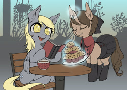 Size: 2784x1968 | Tagged: safe, artist:taytinabelle, derpibooru original, character:derpy hooves, oc, oc:mocha sprout, ponysona, species:pegasus, species:pony, species:unicorn, beautiful, book, boots, cafe, clothing, colored, colored pupils, cute, digital art, duo, eyes closed, female, food, hair bun, magic, mare, miniskirt, muffin, pleated skirt, shoes, sitting, skirt, skirt lift, telekinesis, that pony sure does love muffins, uniform