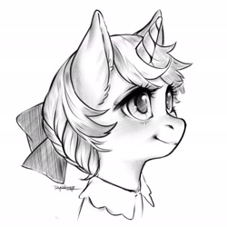 Size: 2048x2048 | Tagged: safe, artist:taytinabelle, oc, oc only, oc:mocha sprout, ponysona, species:pony, species:unicorn, black and white, bow, clothing, cute, digital art, female, grayscale, hair bow, hair bun, looking up, mare, monochrome, shading, simple background, solo