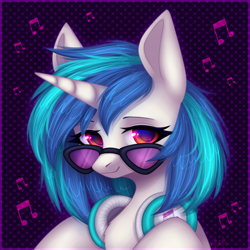 Size: 2000x2000 | Tagged: safe, artist:avrameow, character:dj pon-3, character:vinyl scratch, species:pony, species:unicorn, abstract background, bust, chest fluff, female, headphones, high res, looking at you, mare, smiling, solo, sunglasses
