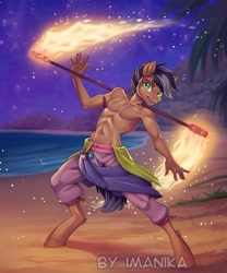 Size: 717x861 | Tagged: safe, artist:imanika, oc, oc only, species:anthro, species:earth pony, species:pony, species:unguligrade anthro, abs, beach, clothing, dancing, earth pony oc, fire, male, night, pants, partial nudity, smiling, solo, stars, topless, torch, tree, watermark