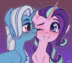 Size: 1452x1269 | Tagged: safe, artist:vensual99, rcf community, character:starlight glimmer, character:trixie, species:pony, species:unicorn, ship:startrix, abstract background, blushing, chest fluff, cute, female, heart eyes, lesbian, licking, mare, one eye closed, shipping, smiling, tongue out, wingding eyes
