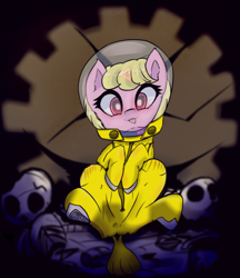 Size: 1300x1503 | Tagged: safe, artist:mistleinn, oc, oc only, oc:puppysmiles, species:earth pony, species:pony, fallout equestria, blonde hair, bone, canterlot ghoul, clothing, dead, fallout equestria: pink eyes, fanfic, fanfic art, female, filly, foal, hazmat suit, hooves, protective suit, sitting, skeleton, skull, solo, suit, tongue out