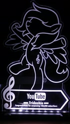 Size: 1152x2048 | Tagged: safe, artist:tridashie, oc, oc only, oc:tridashie, species:pegasus, species:pony, clef, custom, illuminated, irl, photo, plaque, solo, spread wings, standing, text, toy, treble clef, wings, youtube