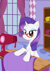 Size: 2480x3508 | Tagged: safe, artist:neoshrek, character:rarity, species:pony, species:unicorn, carousel boutique, fabric, female, mare, pixiv, rarity's glasses, sewing, sewing machine, solo