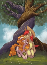 Size: 2400x3300 | Tagged: safe, artist:taytinabelle, character:bright mac, character:pear butter, species:earth pony, species:pony, ship:brightbutter, applejack's hat, clothing, cowboy hat, cute, cutie mark, digital art, ear fluff, eyes closed, female, flower, flower in hair, freckles, happy, hat, intertwined trees, male, mare, messy mane, nuzzling, shipping, smiling, stallion, straight, sun ray, tree, under the tree, unshorn fetlocks