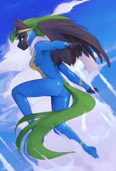 Size: 1280x1877 | Tagged: safe, artist:varllai, oc, oc only, species:anthro, species:pegasus, species:pony, anthro oc, black fur, clothing, cloud, female, flying, goggles, green mane, mare, scarf, skintight clothes, sky, solo, uniform, wonderbolts, wonderbolts uniform