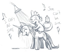 Size: 1100x915 | Tagged: safe, artist:pedantia, character:spike, character:twilight sparkle, happy, mane 'n tail, product placement, shampoo, shower, showering, singing, singing in the shower, the failure song, washing hair, wet mane
