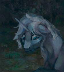 Size: 1590x1793 | Tagged: safe, artist:malinetourmaline, oc, oc only, oc:crystal tundra, species:pony, species:unicorn, blue coat, crying, dark, horn, painting, sad, solo, teary eyes, tree, water, white mane