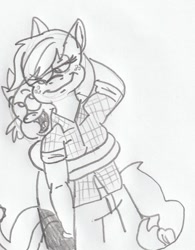 Size: 543x696 | Tagged: safe, artist:tmntfan85, character:applejack, character:spike, species:anthro, ship:applespike, female, male, monochrome, pencil drawing, shipping, straight, traditional art