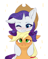 Size: 1628x2000 | Tagged: safe, artist:avrameow, character:applejack, character:rarity, species:earth pony, species:pony, species:unicorn, ship:rarijack, applejack's hat, blushing, clothing, cowboy hat, eyeshadow, female, floppy ears, hat, lesbian, makeup, mare, one eye closed, shipping, simple background, smiling, white background, wink