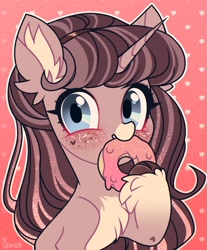 Size: 1044x1260 | Tagged: safe, artist:vensual99, oc, oc only, species:pony, species:unicorn, blue eyes, chest fluff, donut, ear fluff, eating, female, food, freckles, heart, hoof fluff, pale belly, simple background