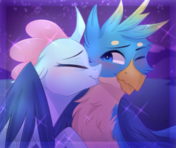 Size: 951x800 | Tagged: safe, artist:waterz-colrxz, character:gallus, character:ocellus, species:changeling, species:griffon, species:reformed changeling, ship:luslus, digital art, eyes closed, female, kiss on the cheek, kissing, male, shipping, straight
