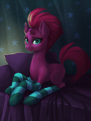 Size: 2578x3438 | Tagged: safe, artist:taytinabelle, character:fizzlepop berrytwist, character:tempest shadow, species:pony, species:unicorn, bed, bedroom, blank flank, blue eyes, broken horn, clothing, colored, cute, digital art, eye scar, eyelashes, female, high res, horn, looking at you, loose fitting clothes, mare, raised tail, scar, sitting, smiling, socks, solo, striped socks, tail, tempestbetes