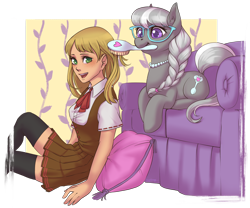 Size: 2428x2019 | Tagged: safe, artist:taytinabelle, derpibooru original, character:silver spoon, oc, oc:lauren steffords, species:earth pony, species:human, species:pony, accessories, braid, braided ponytail, clothing, commission, couch, cute, cutie mark, digital art, dress, fanfic art, female, glasses, hairbrush, happy, jewelry, looking at you, mare, necklace, older, older silver spoon, open mouth, pearl necklace, pleated skirt, silverbetes, simple background, skirt, smiling, socks, thigh highs, transparent background, zettai ryouiki