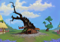 Size: 2560x1818 | Tagged: safe, artist:chef j, ash, background, broken glass, destruction, environment art, everfree forest, farewell, fence, flower, golden oaks library, house, no pony, ruins, scenery, scroll, sky