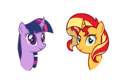 Size: 1229x806 | Tagged: safe, artist:zharkaer, character:sunset shimmer, character:twilight sparkle, character:twilight sparkle (alicorn), species:alicorn, species:pony, species:unicorn, bust, curved horn, duo, female, horn, mare, portrait, simple background, transparent background