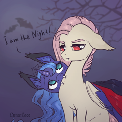 Size: 1200x1200 | Tagged: safe, artist:lunarlacepony, character:flutterbat, character:fluttershy, character:princess luna, species:bat pony, species:pony, bat ponified, biting, clothing, costume, cute, duo, fangs, female, fluttershy is not amused, i am the night, lunabat, lunabetes, mare, monster pony, nightmare night, race swap, shyabates, shyabetes, unamused, vampire