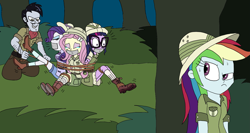 Size: 2481x1316 | Tagged: safe, artist:bugssonicx, character:daring do, character:fluttershy, character:rainbow dash, character:rarity, character:twilight sparkle, character:twilight sparkle (scitwi), species:eqg human, my little pony:equestria girls, bondage, boots, bound and gagged, clothing, crying, explorer outfit, female, femsub, fluttersub, gag, hat, jungle, pith helmet, rarisub, shoes, shorts, skirt, socks, stalwart stallion, struggling, submissive, sweat, tape, tape gag, this will end in pain, tied up, twisub
