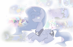 Size: 2342x1516 | Tagged: safe, artist:c0pter, character:applejack, character:fluttershy, character:nightmare moon, character:pinkie pie, character:princess celestia, character:princess luna, character:rainbow dash, character:rarity, character:twilight sparkle, character:twilight sparkle (alicorn), species:alicorn, species:pony, mane six, memories, royal sisters, teary eyes